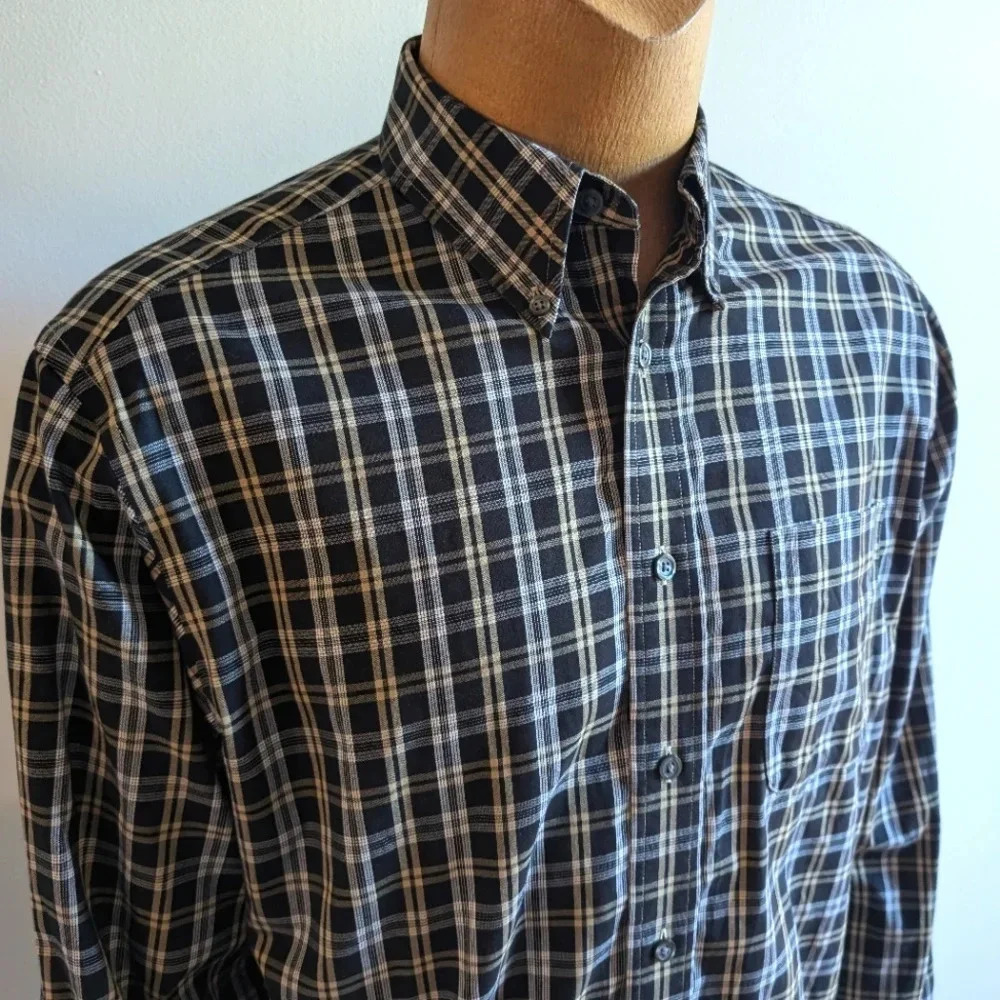New! EDDIE BAUER black white and gold plaid shirt